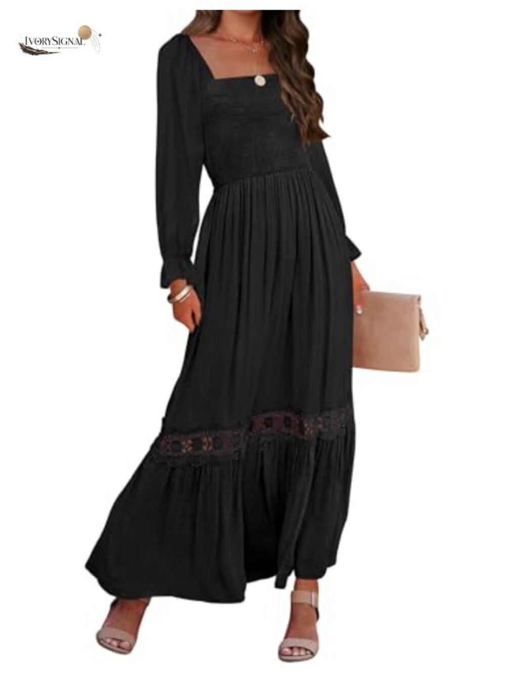 Women's Boho Long Sleeve Maxi Dress Smocked Backless Lace Trim Flowy